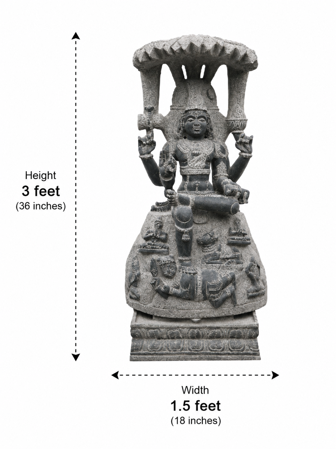 Hand-carved 3 ft Guru Dakshinamurthy statue in natural stone, product view 3 highlighting the seated teaching form and carved details.