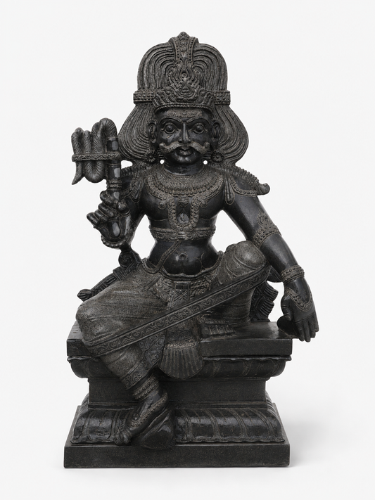 Hand-carved 3 ft Karuppasamy statue in natural Charnockite stone, product view 1 highlighting the guardian deity form and carved details.
