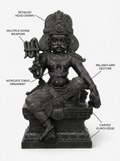 Hand-carved 3 ft Karuppasamy statue in natural Charnockite stone, product view 2 highlighting the guardian deity form and carved details.