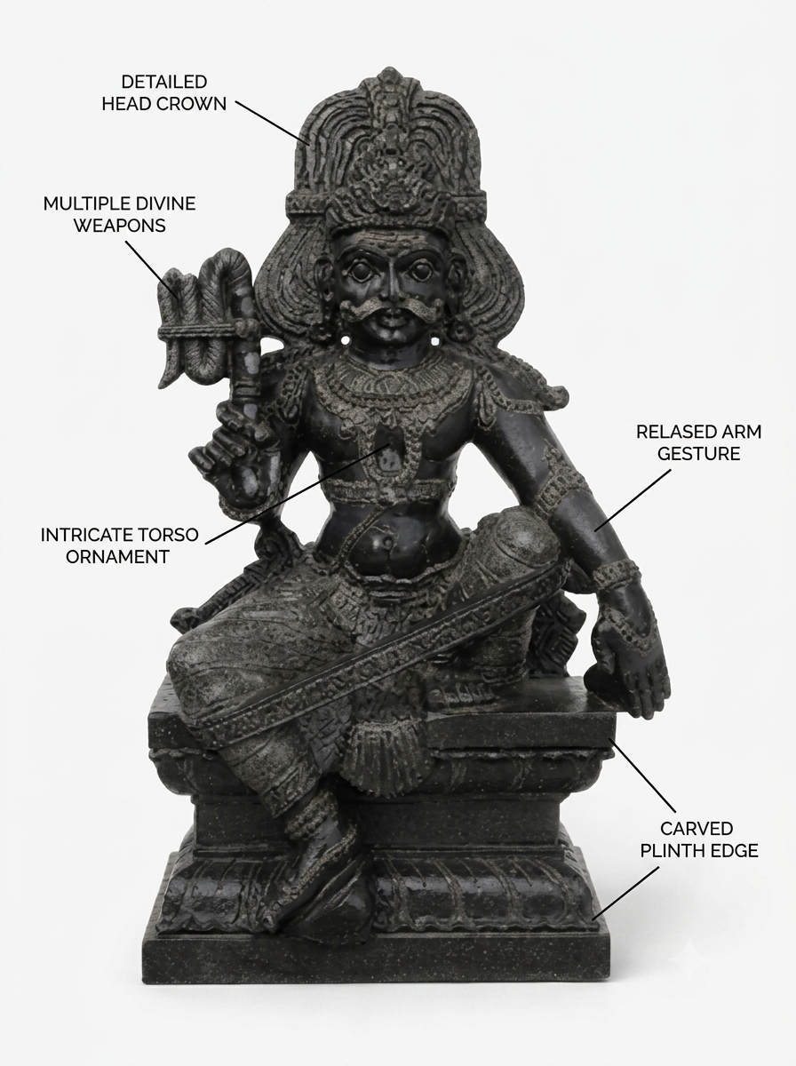 Hand-carved 3 ft Karuppasamy statue in natural Charnockite stone, product view 2 highlighting the guardian deity form and carved details.