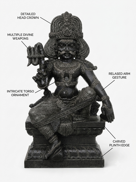 Hand-carved 3 ft Karuppasamy statue in natural Charnockite stone, product view 2 highlighting the guardian deity form and carved details.