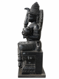 Hand-carved 3 ft Karuppasamy statue in natural Charnockite stone, product view 3 highlighting the guardian deity form and carved details.