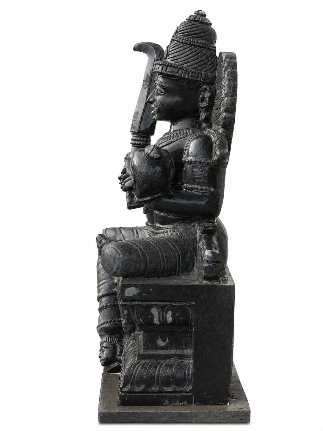 Hand-carved 3 ft Karuppasamy statue in natural Charnockite stone, product view 3 highlighting the guardian deity form and carved details.