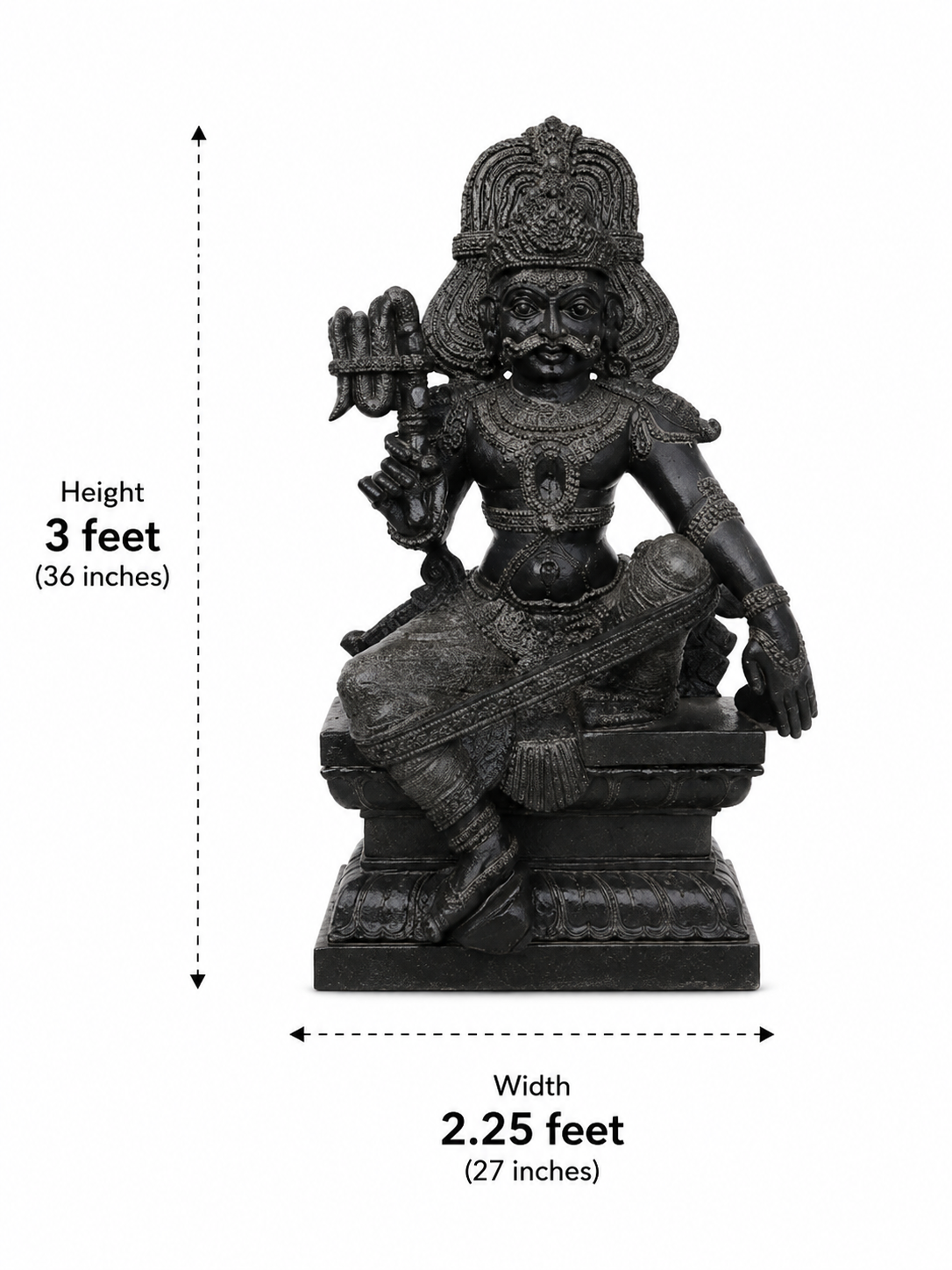 Hand-carved 3 ft Karuppasamy statue in natural Charnockite stone, product view 4 highlighting the guardian deity form and carved details.