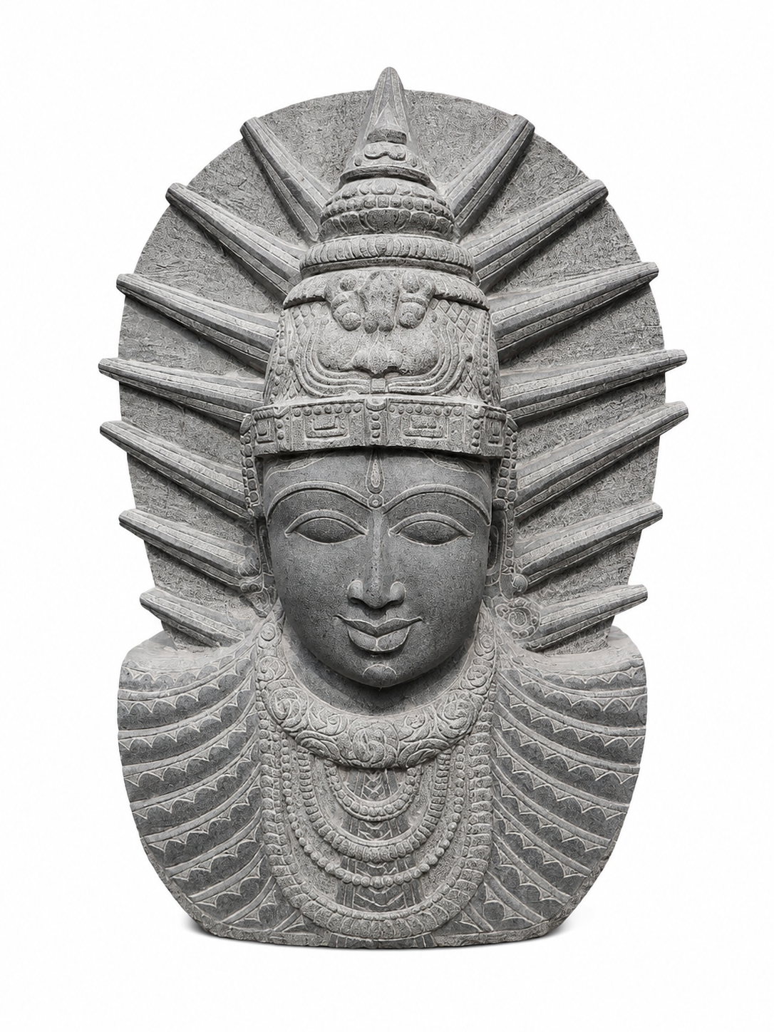 Hand-carved 3 ft Majestic Crowned Deity Stone Bust in natural Charnockite stone, product view 1 showing the sculpture and carved details.