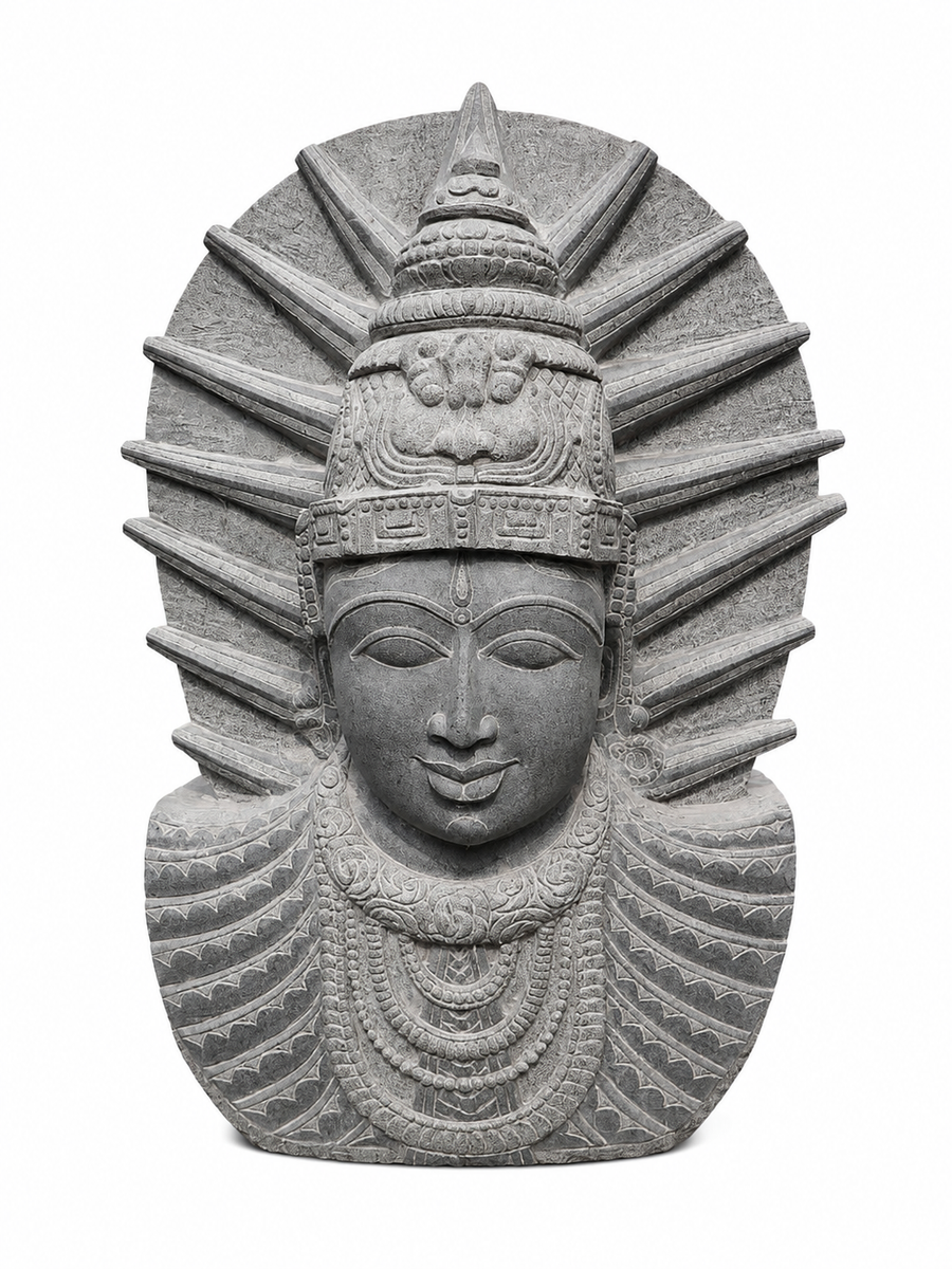Hand-carved 3 ft Majestic Crowned Deity Stone Bust in natural Charnockite stone, product view 1 showing the sculpture and carved details.