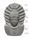 Hand-carved 3 ft Majestic Crowned Deity Stone Bust in natural Charnockite stone, product view 2 showing the sculpture and carved details.