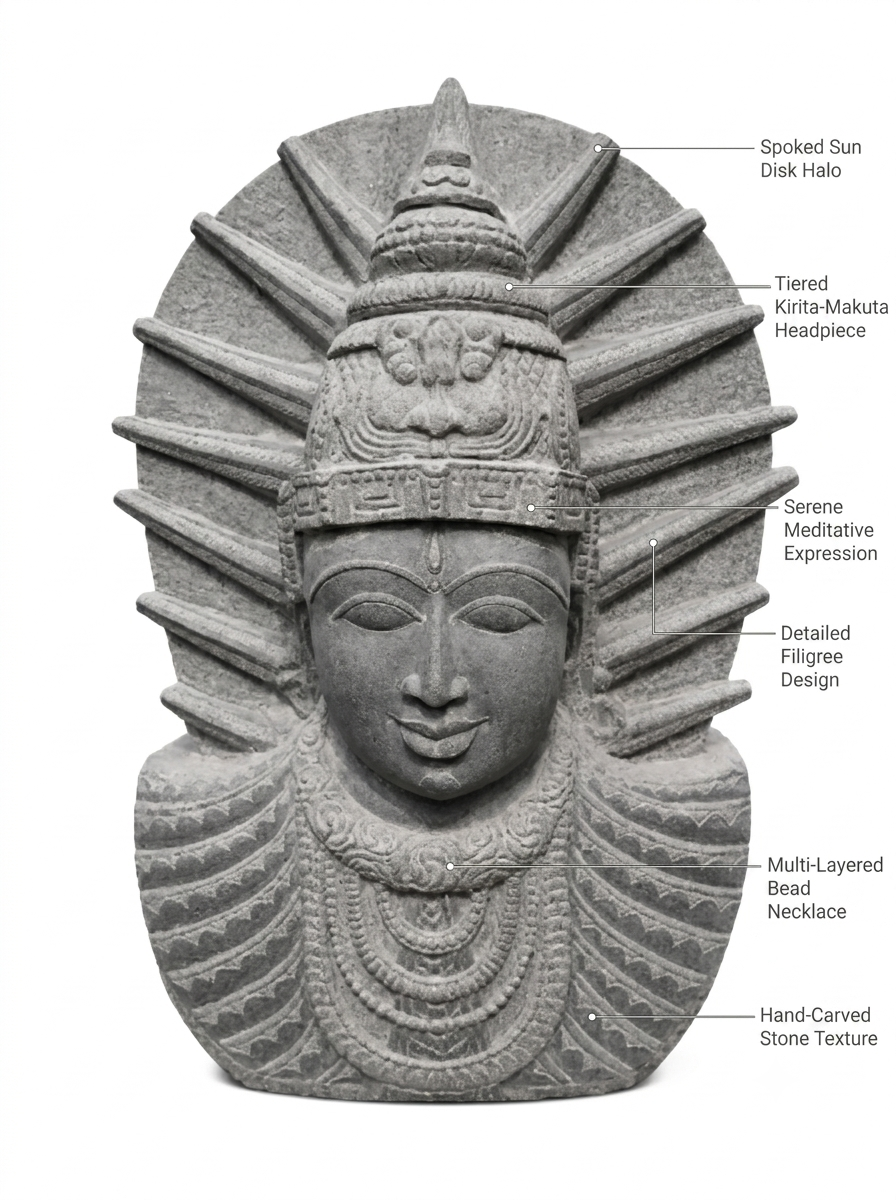 Hand-carved 3 ft Majestic Crowned Deity Stone Bust in natural Charnockite stone, product view 2 showing the sculpture and carved details.