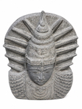 Hand-carved 3 ft Majestic Crowned Deity Stone Bust in natural Charnockite stone, product view 3 showing the sculpture and carved details.