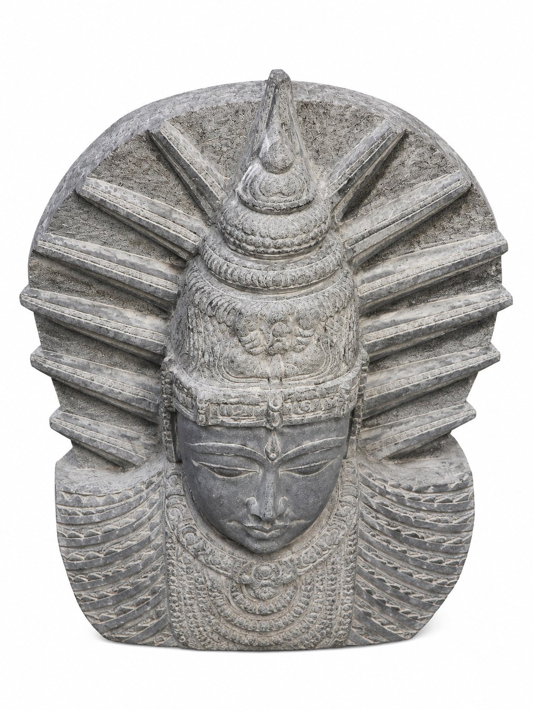 Hand-carved 3 ft Majestic Crowned Deity Stone Bust in natural Charnockite stone, product view 3 showing the sculpture and carved details.