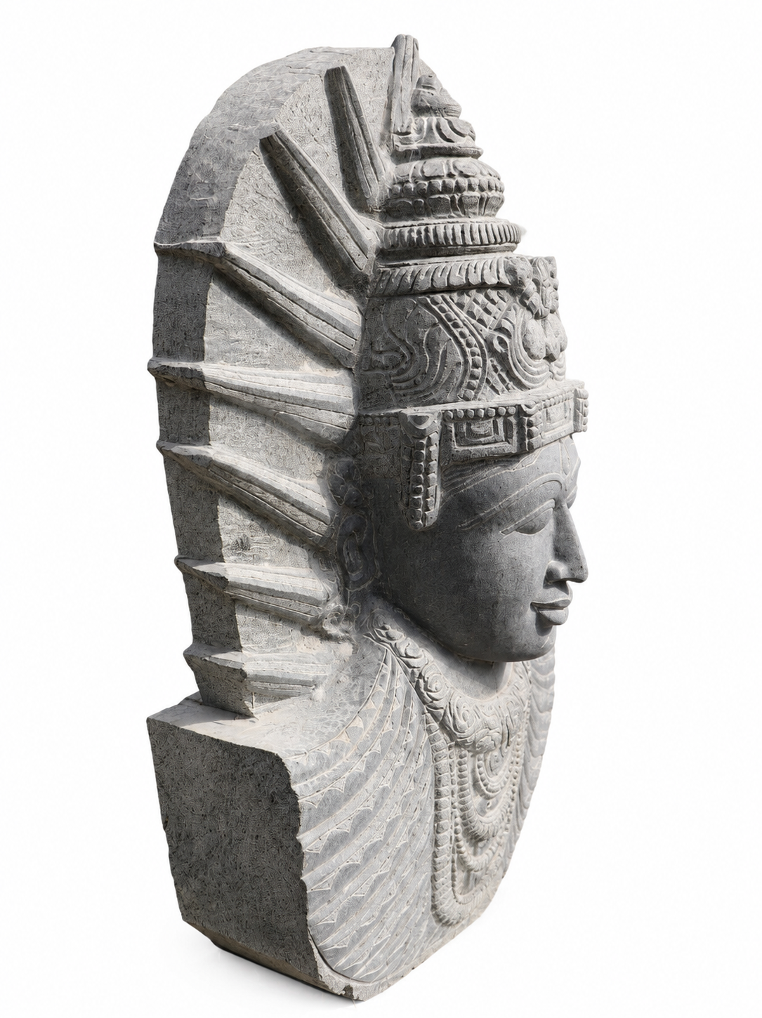 Hand-carved 3 ft Majestic Crowned Deity Stone Bust in natural Charnockite stone, product view 4 showing the sculpture and carved details.