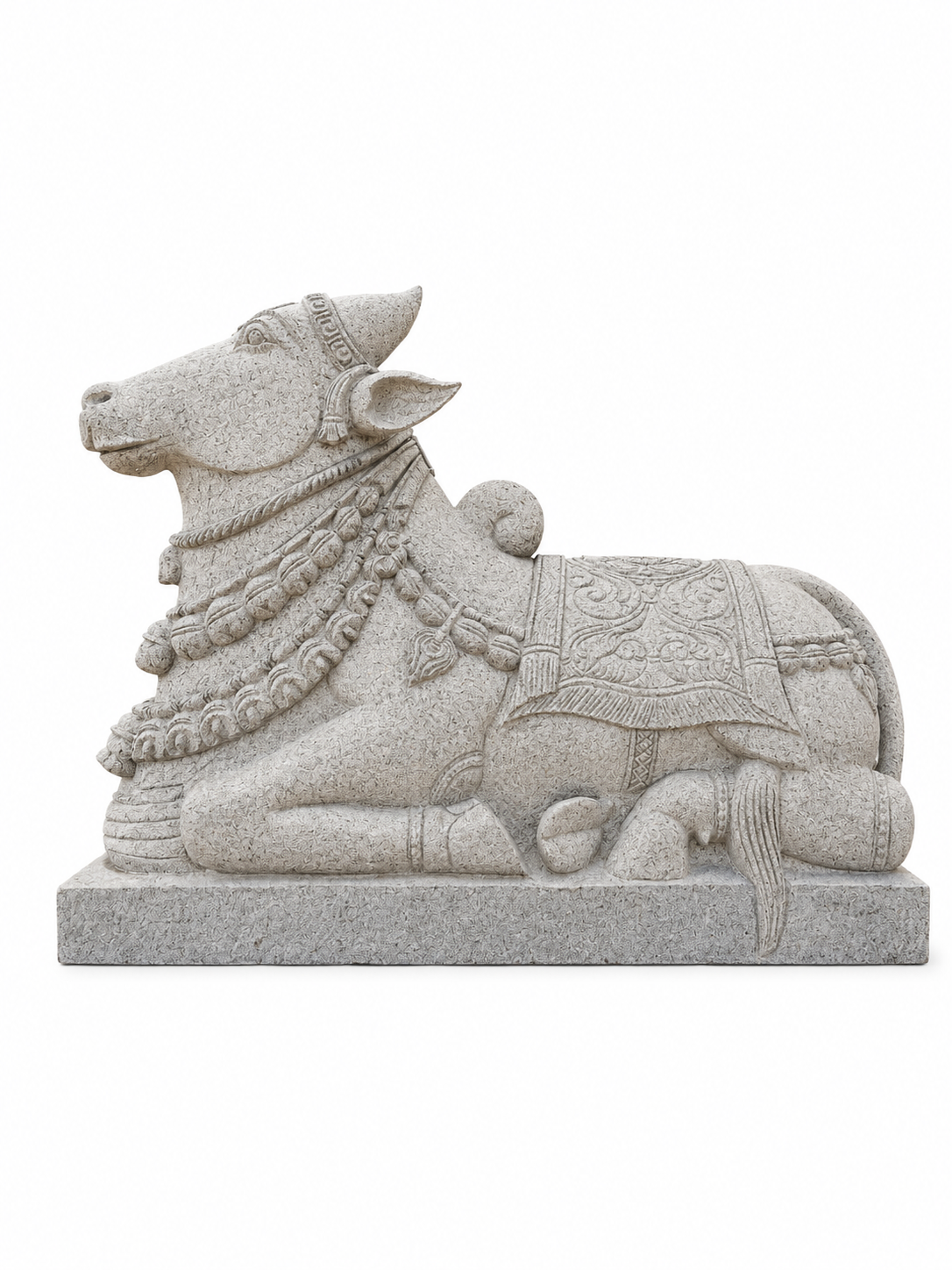 Hand-carved 3 ft Nandikeshwara statue in natural stone, product view 1 highlighting the sculpture and carved details.