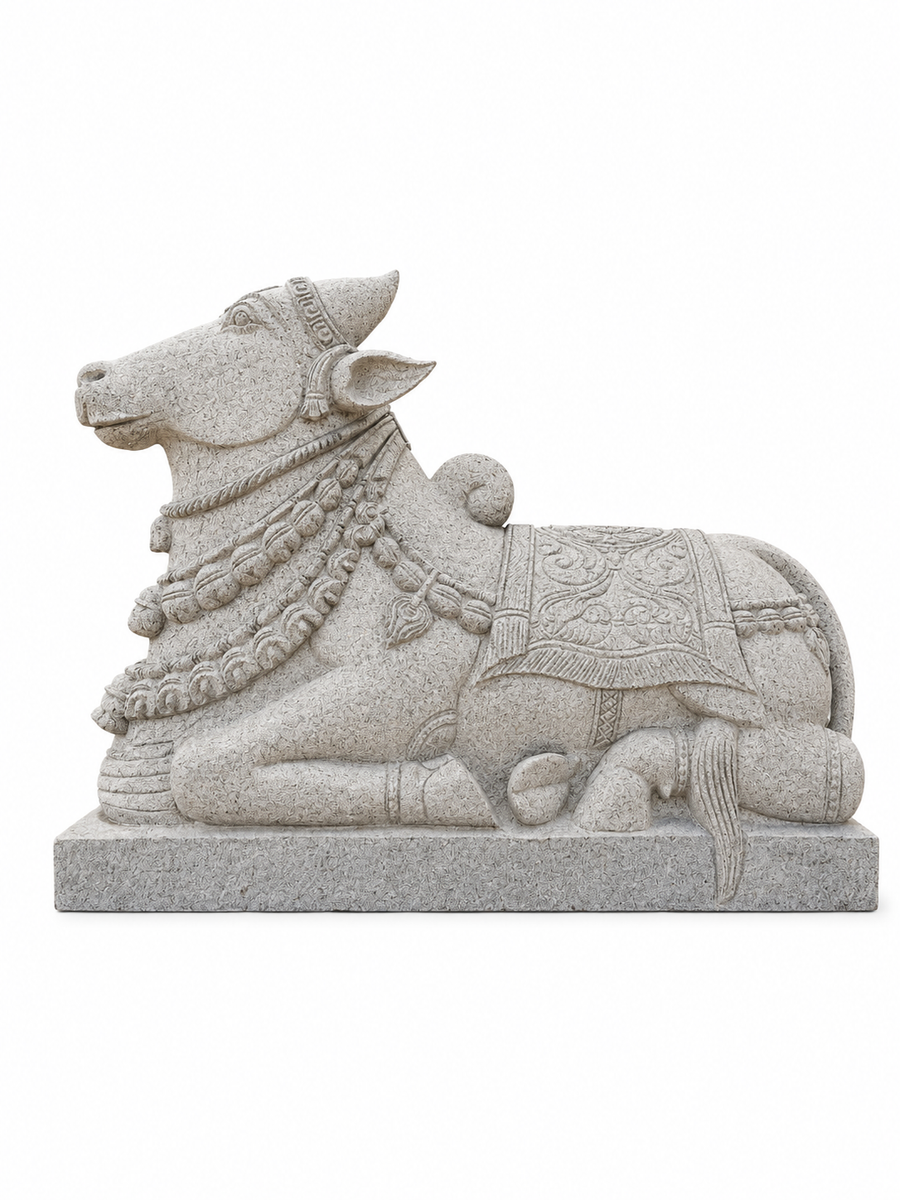 Hand-carved 3 ft Nandikeshwara statue in natural stone, product view 1 highlighting the sculpture and carved details.