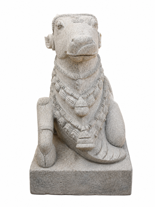 Hand-carved 3 ft Nandikeshwara statue in natural stone, product view 2 highlighting the sculpture and carved details.