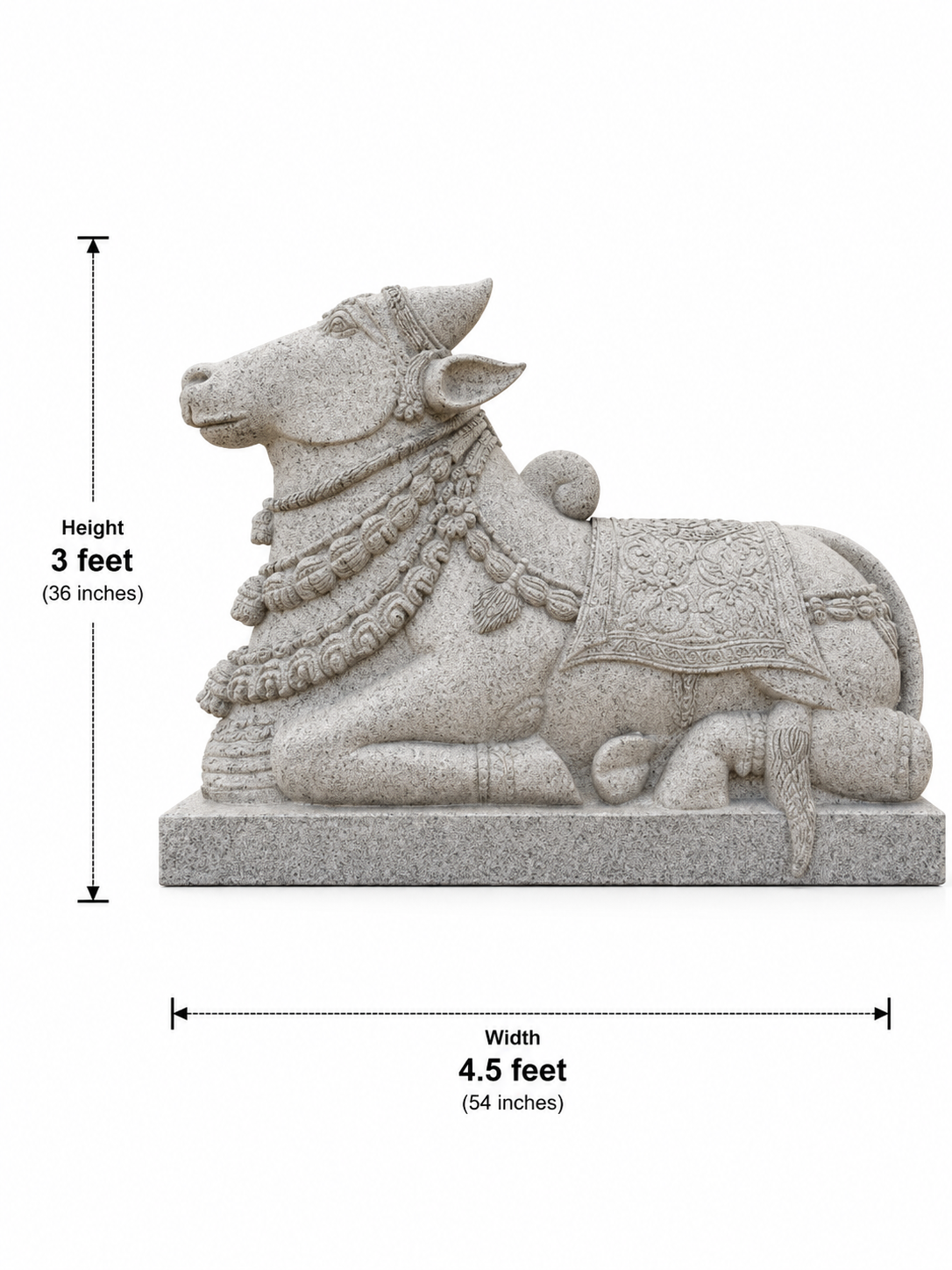 Hand-carved 3 ft Nandikeshwara statue in natural stone, product view 4 highlighting the sculpture and carved details.