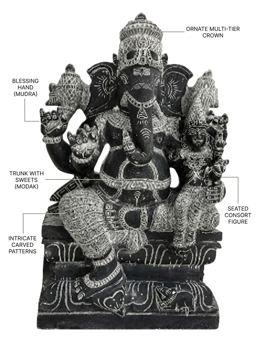 Hand-carved 3 ft Parvati Vinayagar statue in natural stone, product view 2 highlighting the paired deity form and carved details.
