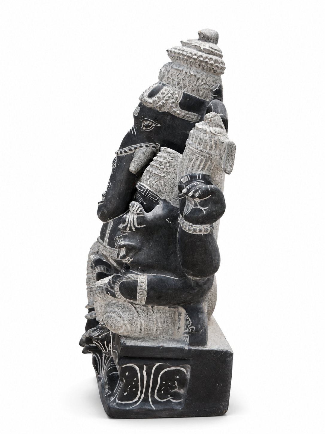 Hand-carved 3 ft Parvati Vinayagar statue in natural stone, product view 3 highlighting the paired deity form and carved details.