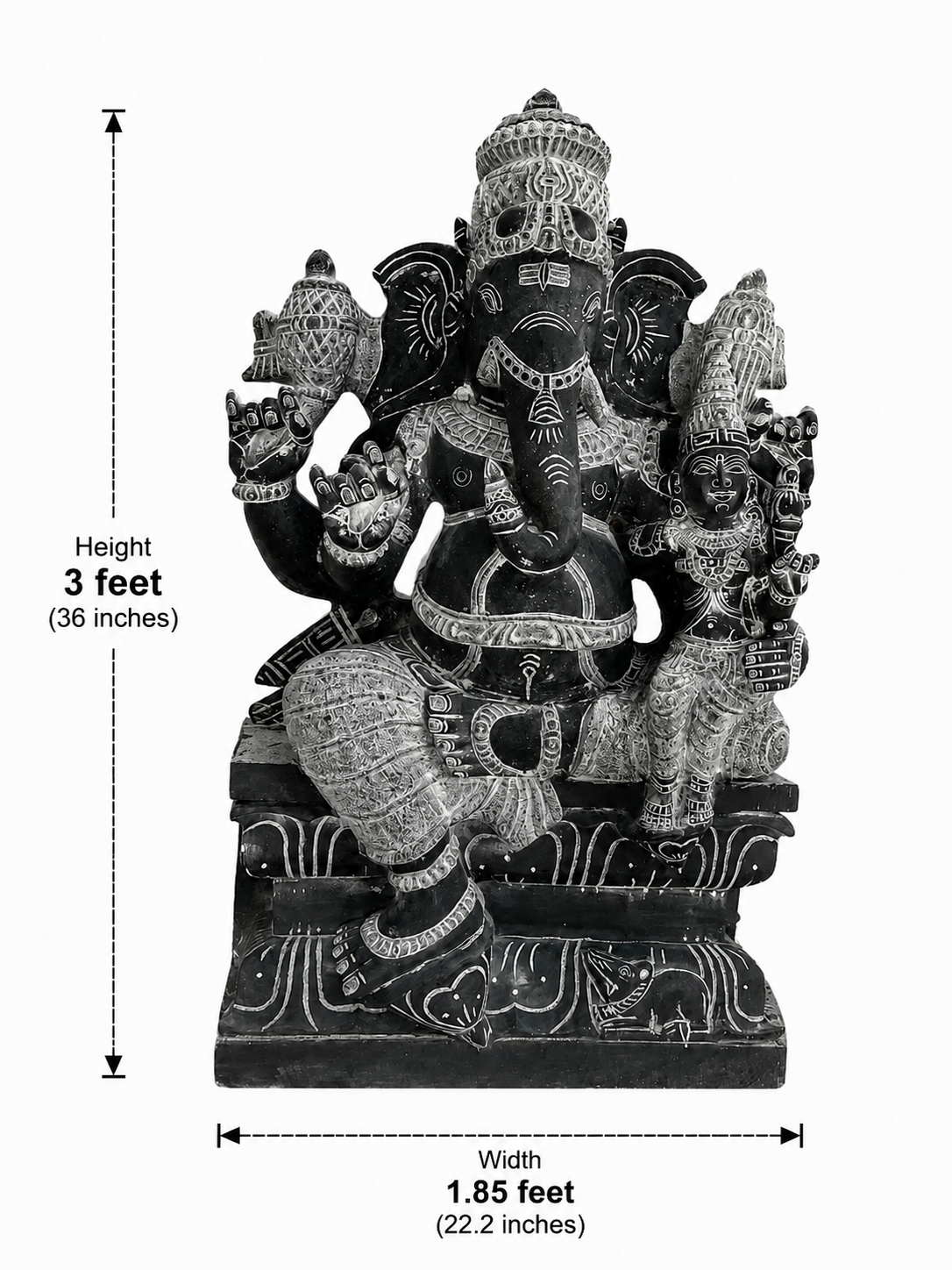 Hand-carved 3 ft Parvati Vinayagar statue in natural stone, product view 4 highlighting the paired deity form and carved details.