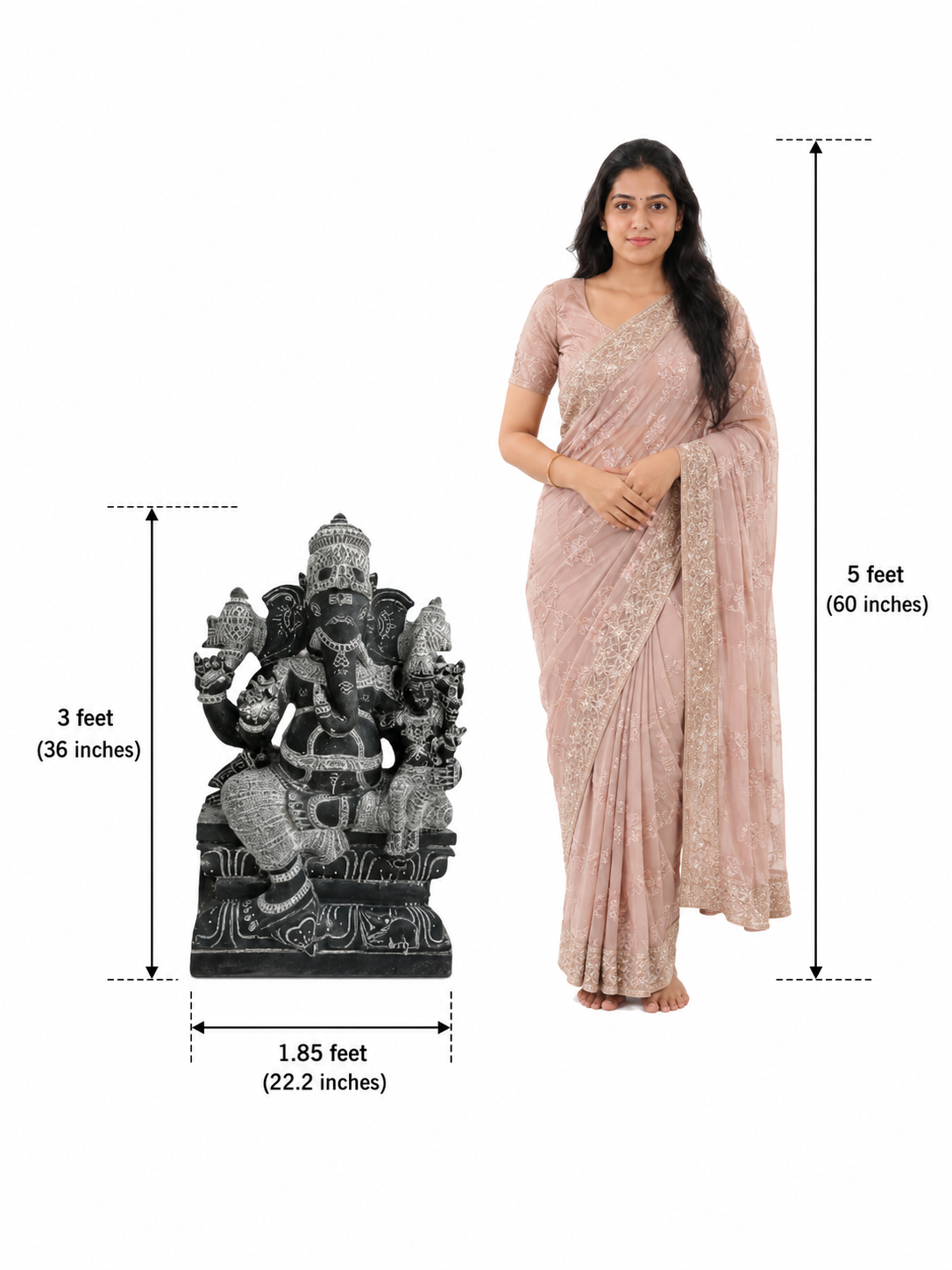 Hand-carved 3 ft Parvati Vinayagar statue in natural stone, product view 5 highlighting the paired deity form and carved details.