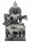 Hand-carved 3 ft Saraswati statue in natural stone, product view 1 highlighting the sculpture and carved details.