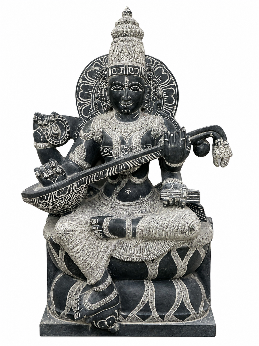 Hand-carved 3 ft Saraswati statue in natural stone, product view 1 highlighting the sculpture and carved details.