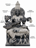 Hand-carved 3 ft Saraswati statue in natural stone, product view 2 highlighting the sculpture and carved details.