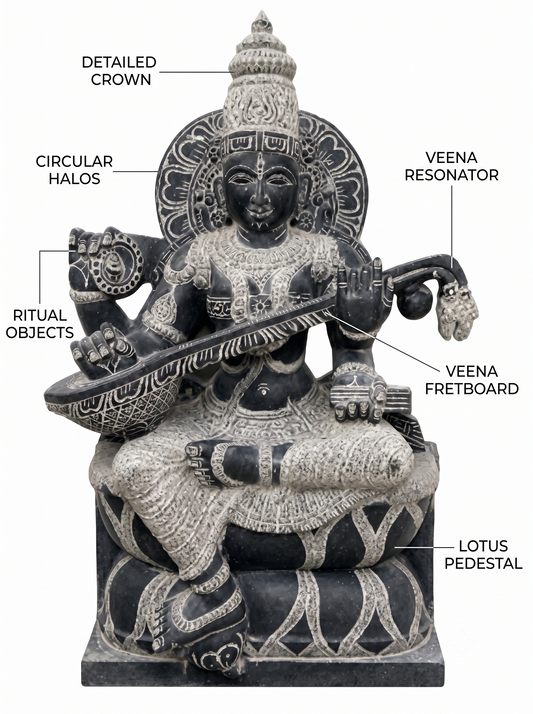Hand-carved 3 ft Saraswati statue in natural stone, product view 2 highlighting the sculpture and carved details.