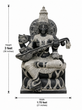 Hand-carved 3 ft Saraswati statue in natural stone, product view 4 highlighting the sculpture and carved details.