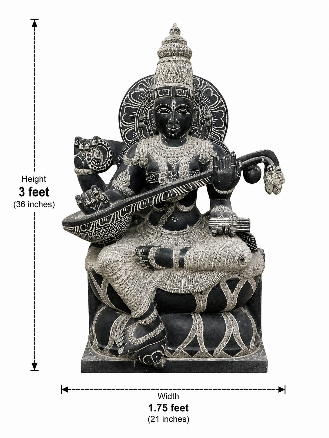 Hand-carved 3 ft Saraswati statue in natural stone, product view 4 highlighting the sculpture and carved details.