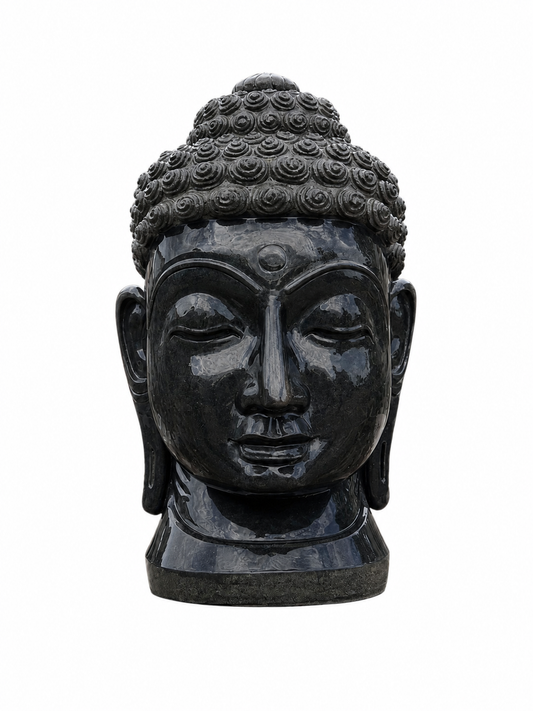 Hand-carved 3 ft serene Buddha head statue in natural stone, product view 1 highlighting the facial expression and carved details.