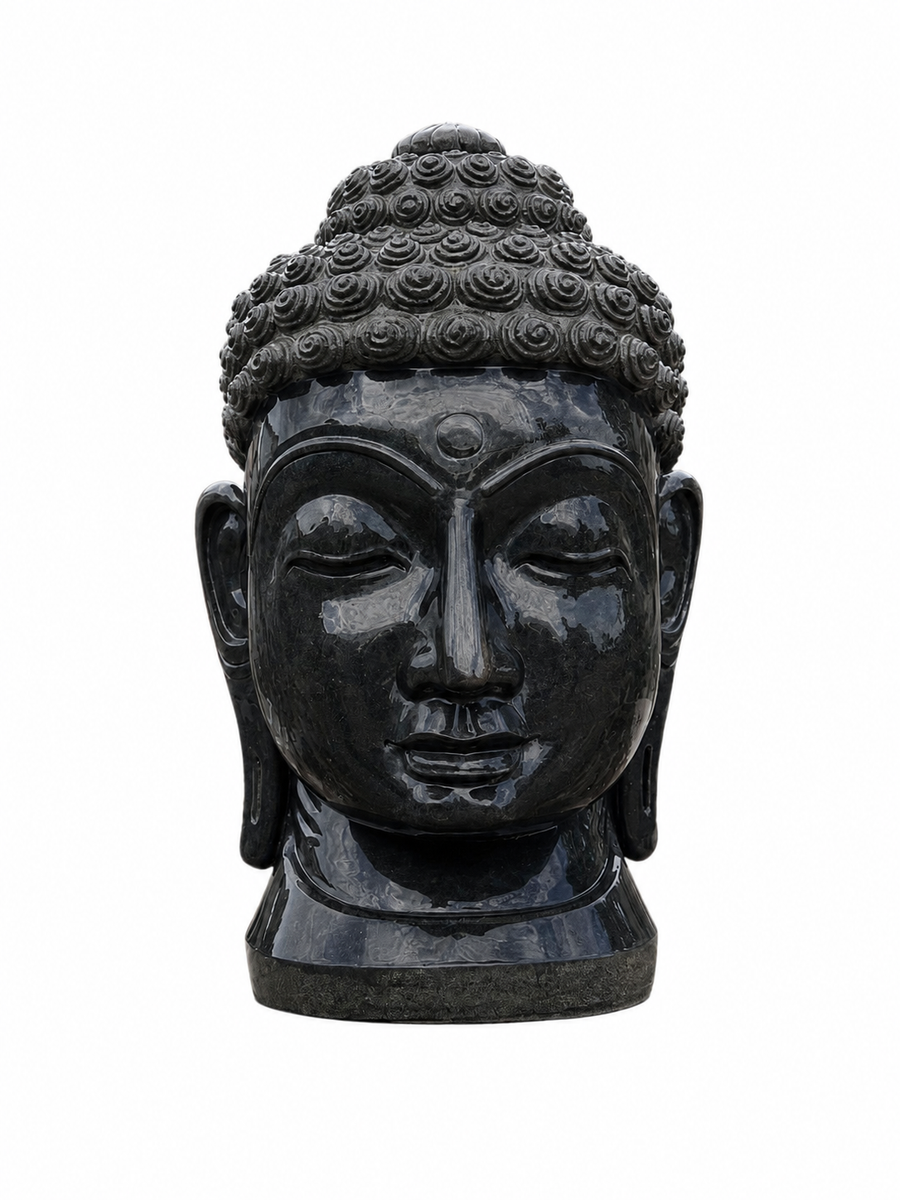 Hand-carved 3 ft serene Buddha head statue in natural stone, product view 1 highlighting the facial expression and carved details.