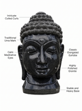 Hand-carved 3 ft serene Buddha head statue in natural stone, product view 2 highlighting the facial expression and carved details.