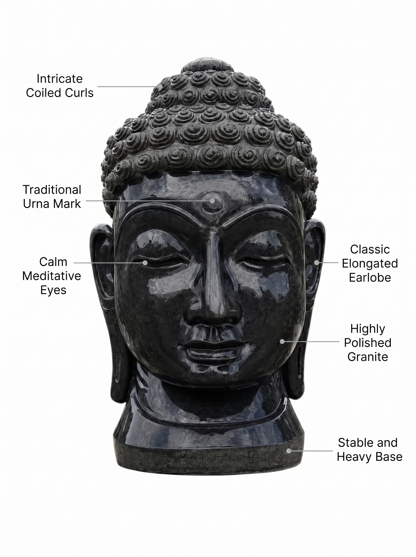 Hand-carved 3 ft serene Buddha head statue in natural stone, product view 2 highlighting the facial expression and carved details.