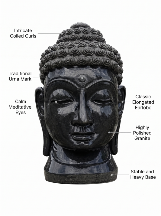 Hand-carved 3 ft serene Buddha head statue in natural stone, product view 2 highlighting the facial expression and carved details.