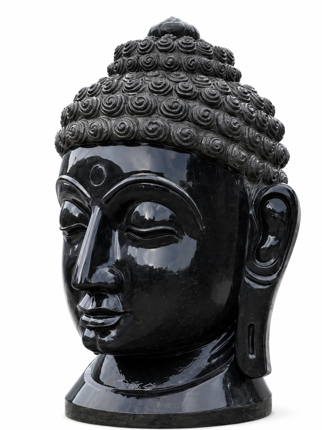 Hand-carved 3 ft serene Buddha head statue in natural stone, product view 3 highlighting the facial expression and carved details.