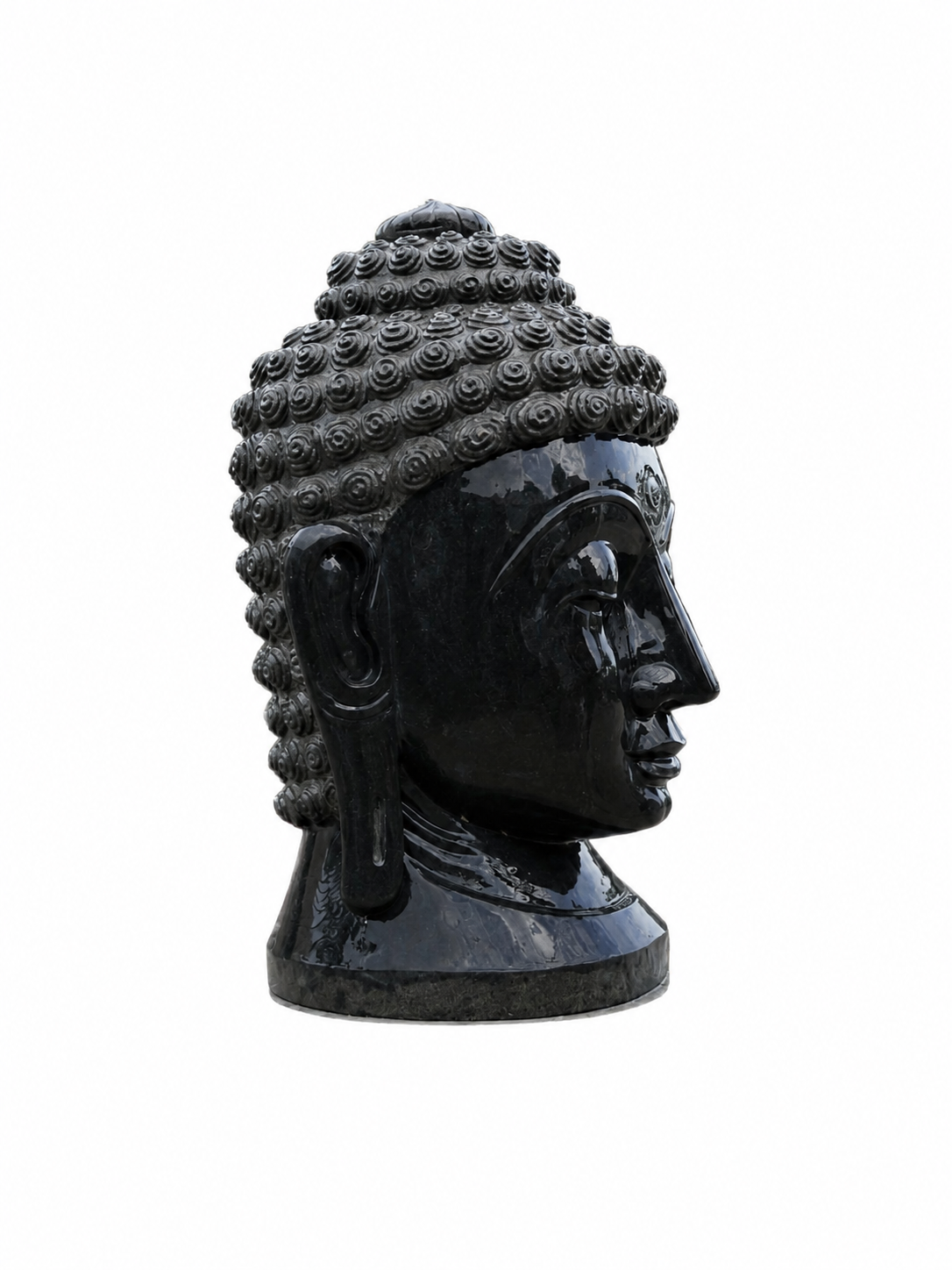 Hand-carved 3 ft serene Buddha head statue in natural stone, product view 4 highlighting the facial expression and carved details.