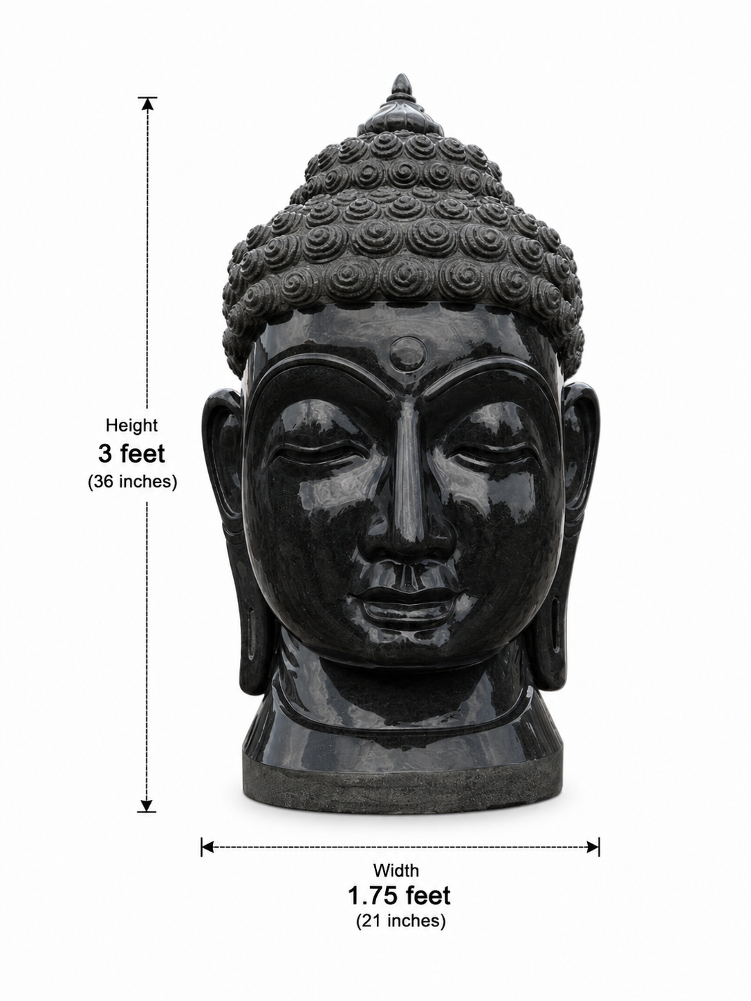 Hand-carved 3 ft serene Buddha head statue in natural stone, product view 5 highlighting the facial expression and carved details.