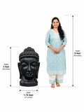 Hand-carved 3 ft serene Buddha head statue in natural stone, product view 6 highlighting the facial expression and carved details.