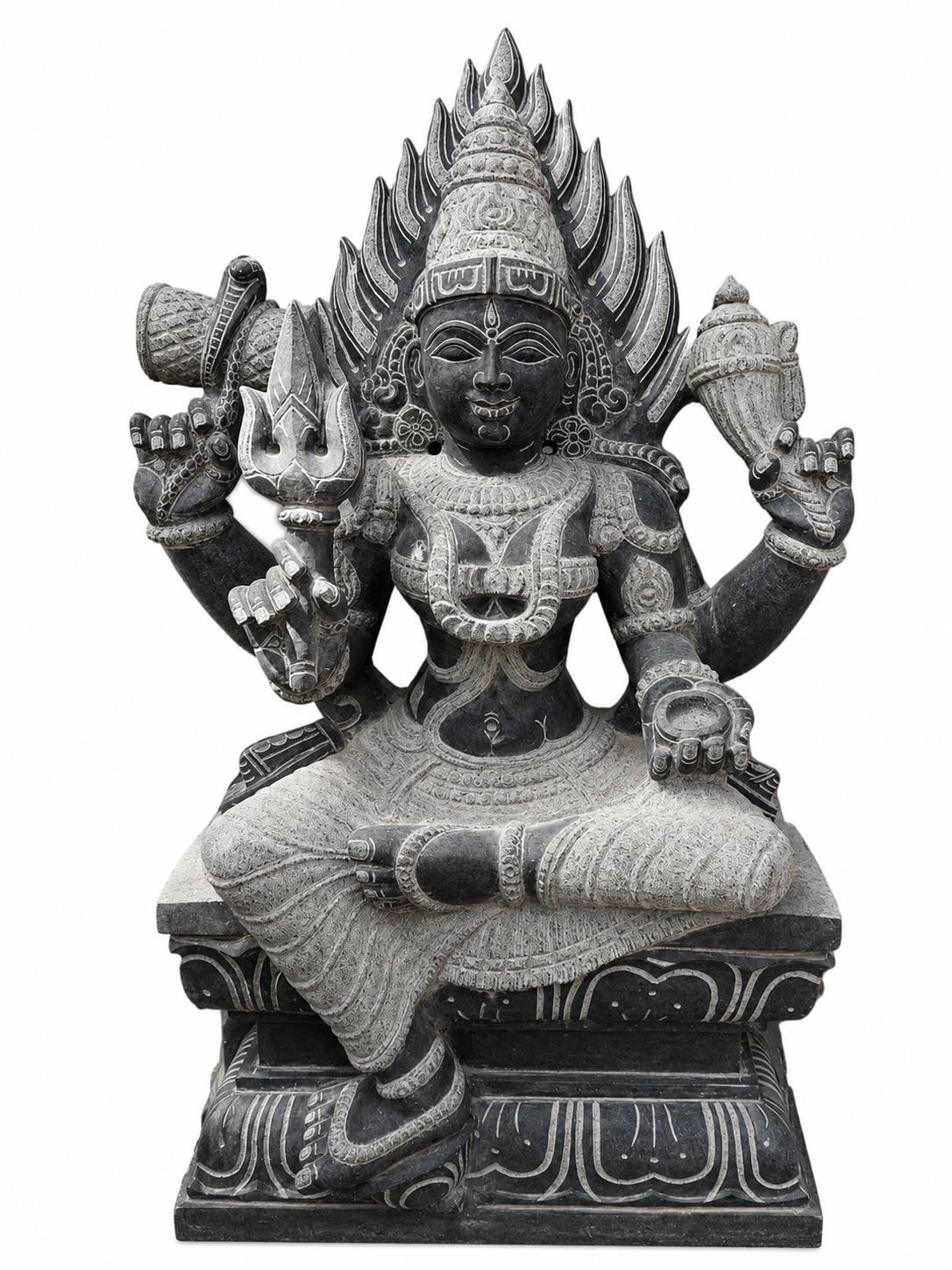 Hand-carved 3 ft Sivakami Amman statue in natural stone, product view 1 highlighting the sculpture and carved details.