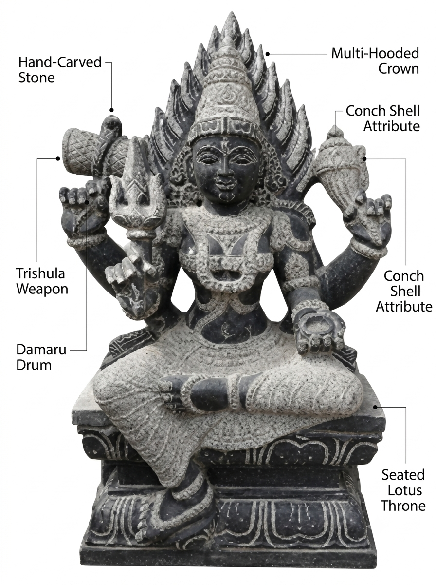 Hand-carved 3 ft Sivakami Amman statue in natural stone, product view 2 highlighting the sculpture and carved details.