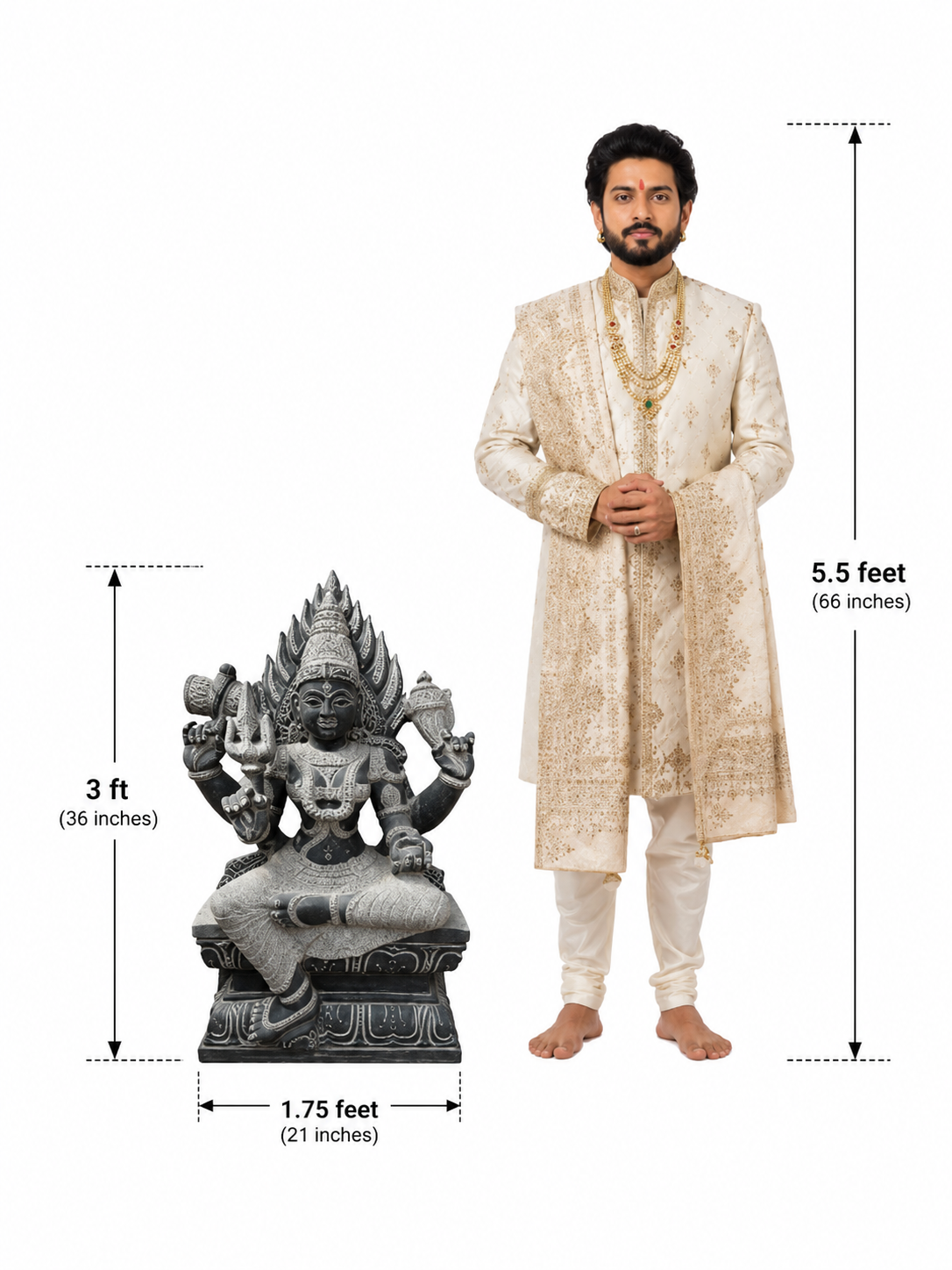 Dimension guide for a hand-carved 3 ft Sivakami Amman statue in polished black stone on a white background.