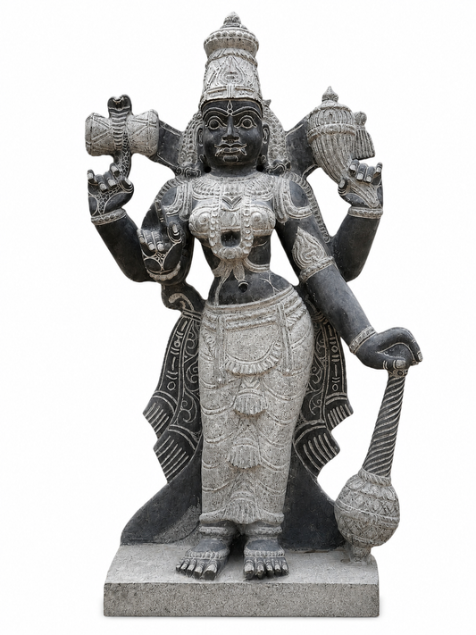 Hand-carved 3 ft Thuvara Sakthi left-side statue in natural stone, product view 1 highlighting the guardian form and carved details.