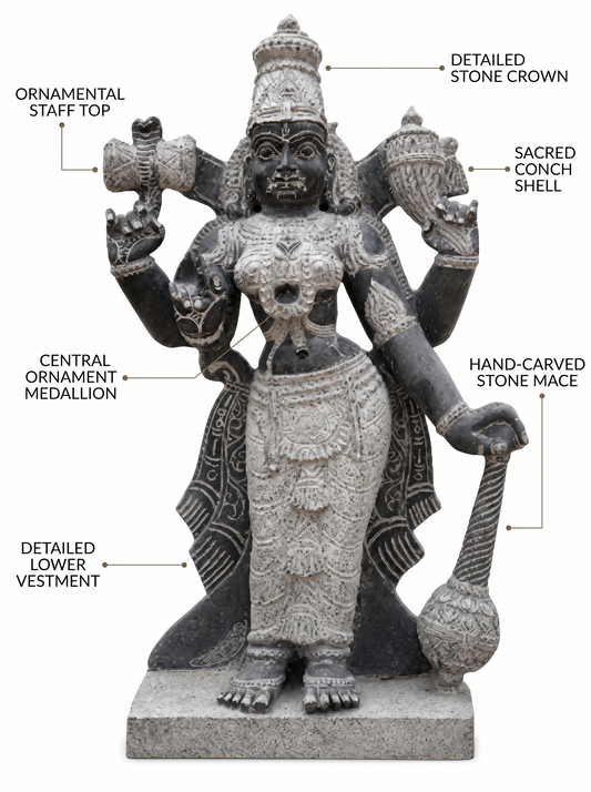 Hand-carved 3 ft Thuvara Sakthi left-side statue in natural stone, product view 2 highlighting the guardian form and carved details.