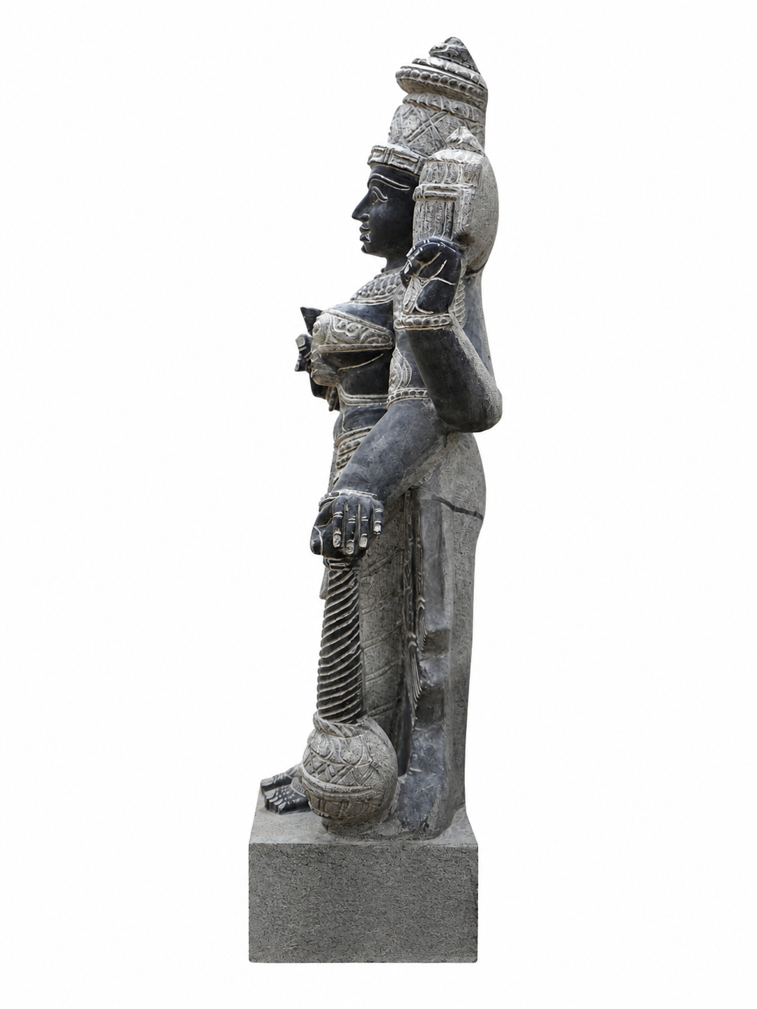 Hand-carved 3 ft Thuvara Sakthi left-side statue in natural stone, product view 3 highlighting the guardian form and carved details.