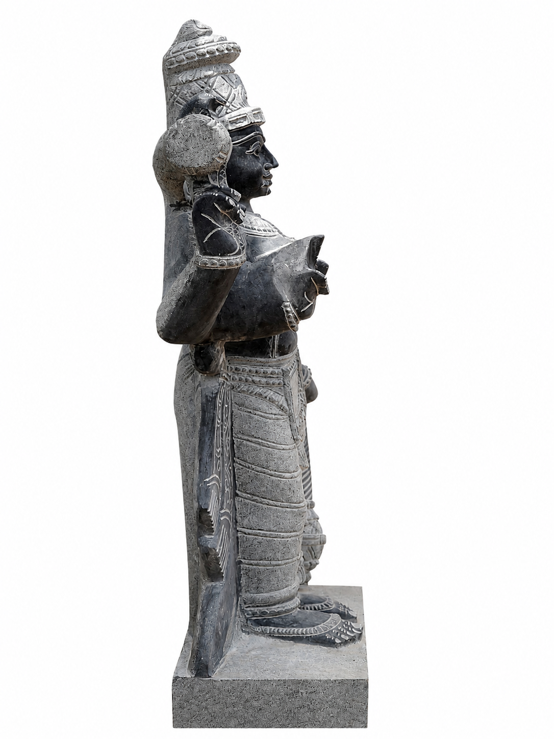 Hand-carved 3 ft Thuvara Sakthi left-side statue in natural stone, product view 4 highlighting the guardian form and carved details.