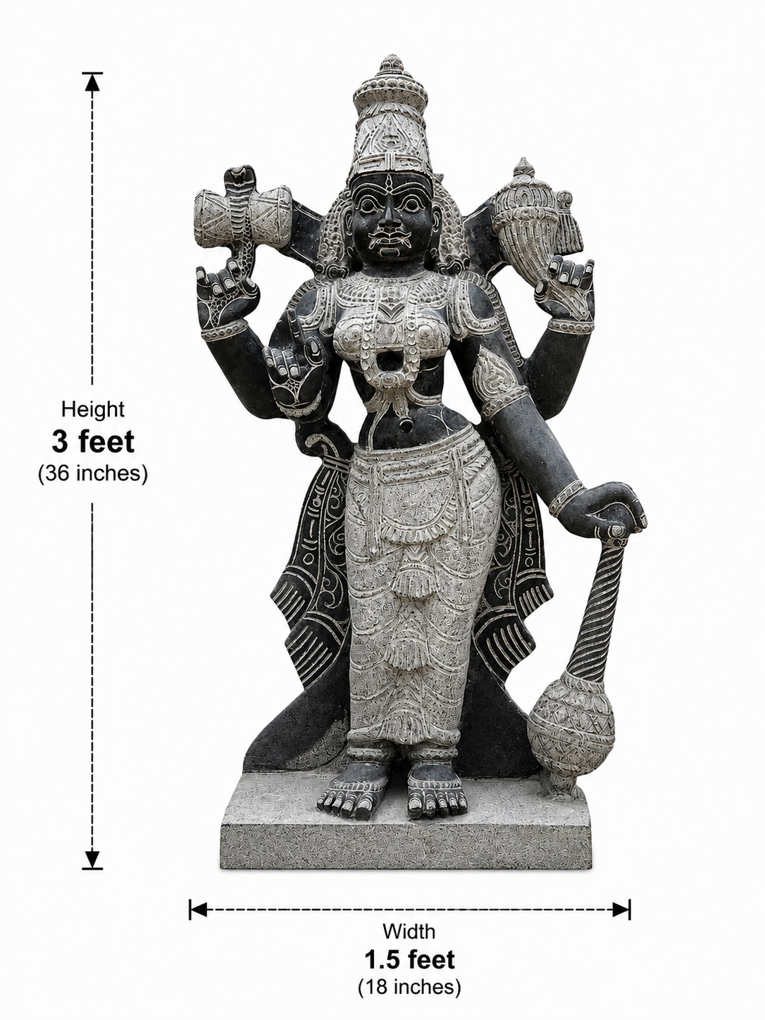 Hand-carved 3 ft Thuvara Sakthi left-side statue in natural stone, product view 5 highlighting the guardian form and carved details.