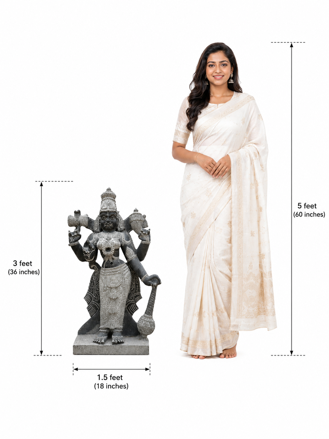 Hand-carved 3 ft Thuvara Sakthi left-side statue in natural stone, product view 6 highlighting the guardian form and carved details.