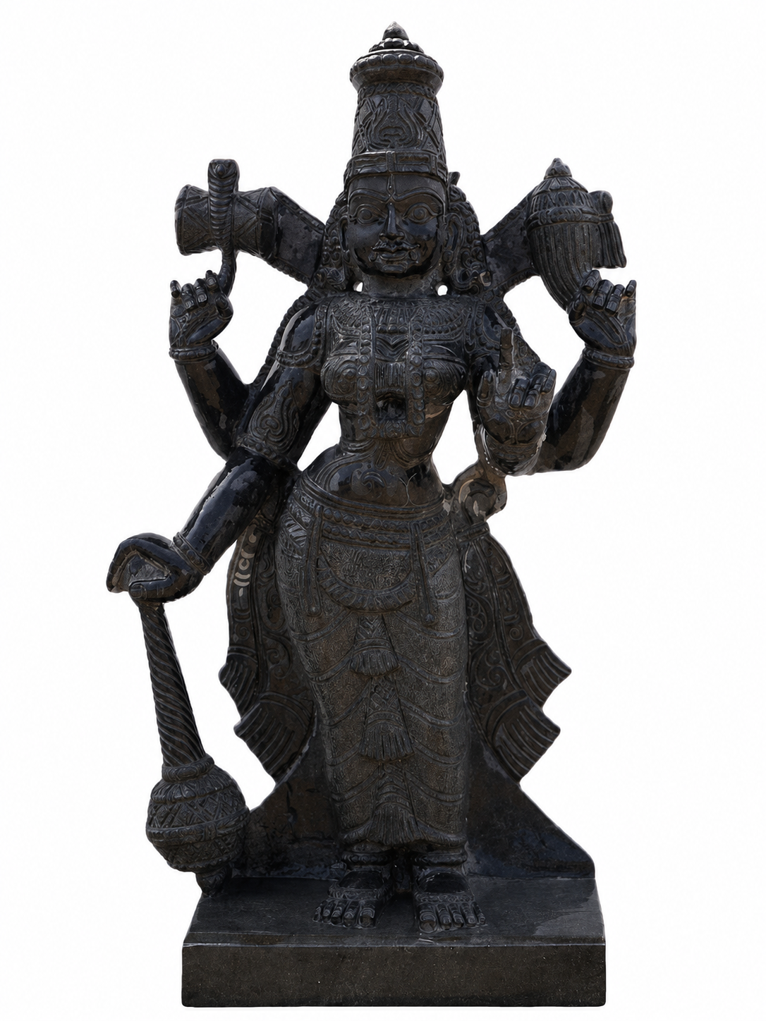 Hand-carved 3 ft Thuvara Sakthi right-side statue in natural stone, product view 1 highlighting the sculpture and carved details.