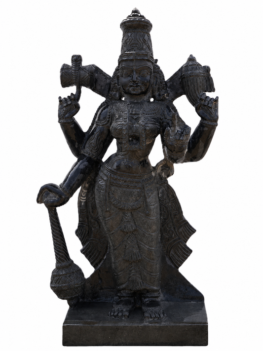 Hand-carved 3 ft Thuvara Sakthi right-side statue in natural stone, product view 1 highlighting the sculpture and carved details.