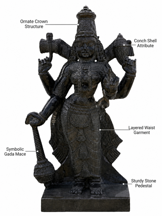 Hand-carved 3 ft Thuvara Sakthi right-side statue in natural stone, product view 2 highlighting the sculpture and carved details.